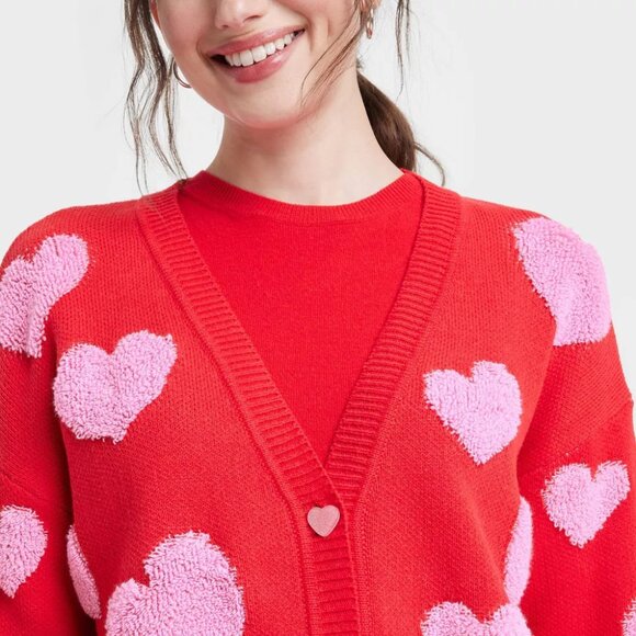 33 Degrees Women Small Red Valentine's Day Pink Hearts Graphic Cardigan Sweater - Picture 2 of 12